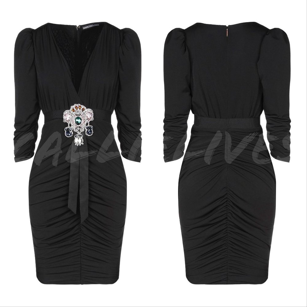Callie Lives Marco Bologna: Ruched Jewel Pendant Black Bling Cocktail Dress 42 M
